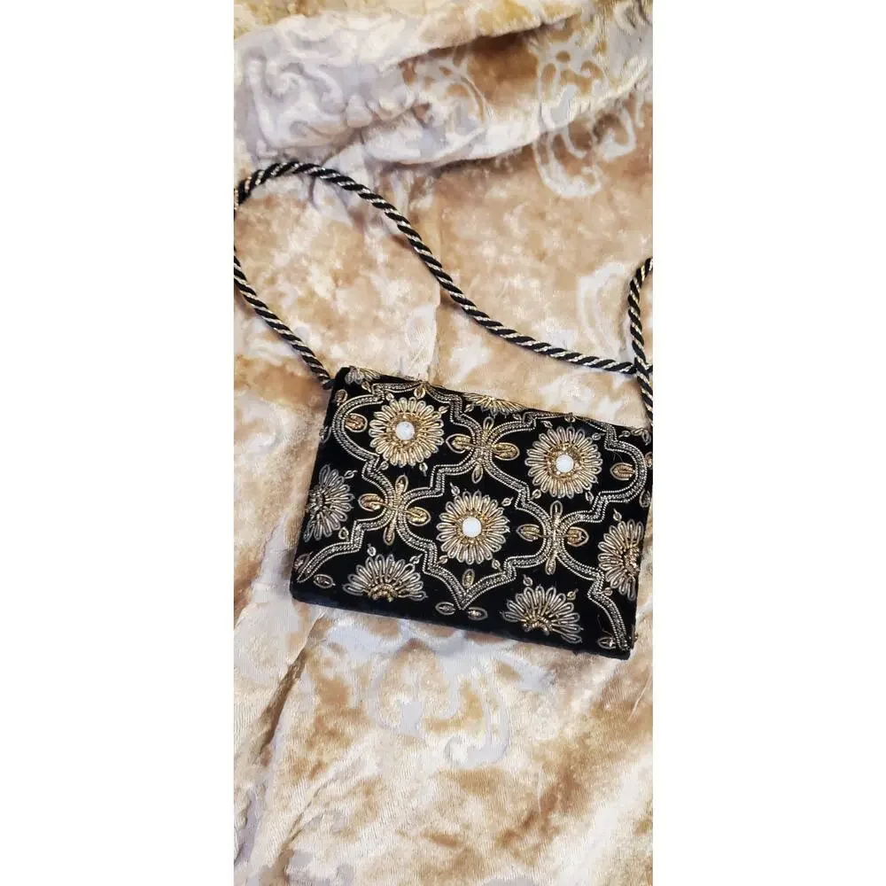 Vintage Zardozi Black Velvet Evening Bag Embroidered Gold Jewel Clutch Club